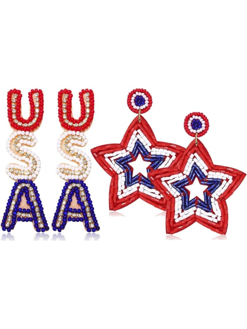 Patriotic Beaded Star Tassel Earrings - 4th of July Dangle Drop Jewelry for